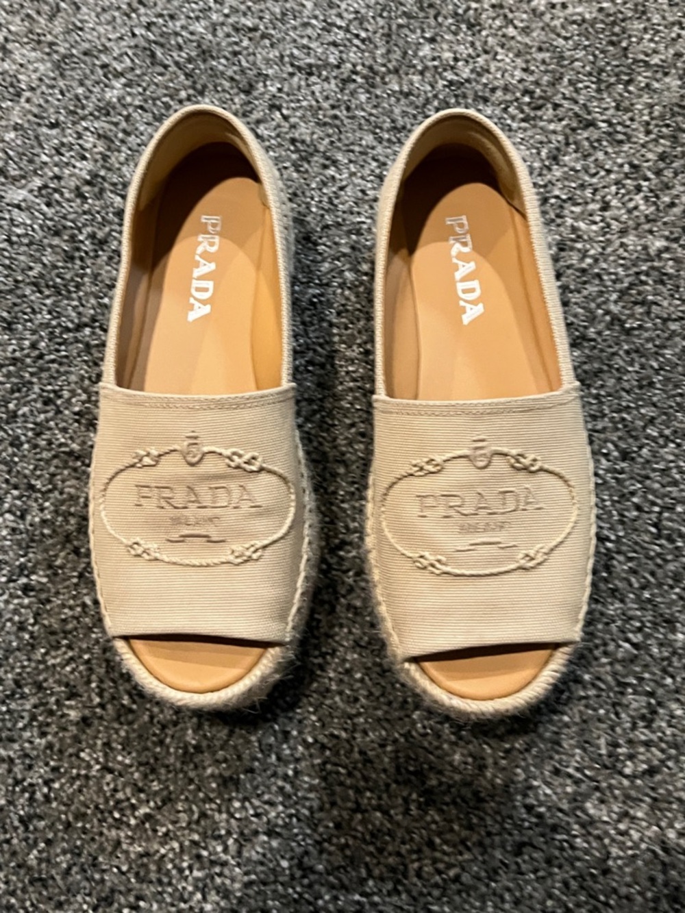 Prada Neutral Canvas Open-Toe Espadrilles. Size 37 (6.5 US)